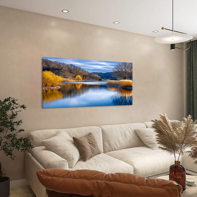Beautiful Yellow Forest Park Wall Art for Living Room Office Calm Lake Blue Painting Prints Nature Autumn Canvas Artwork Over The Couch Bedroom Decor