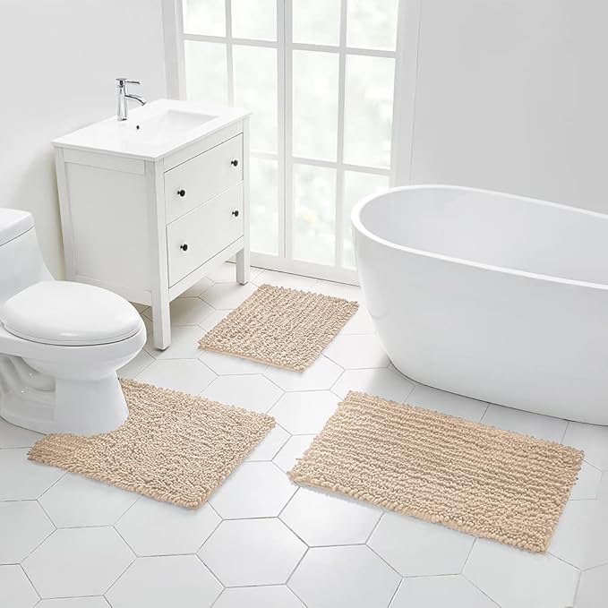Walensee Bathroom Rug 2 Pieces Set Non Slip Bath Mat (20"x32" Plus 20"x32" Beige) Water Absorbent Super Soft Shaggy Chenille Machine Washable Dry Extra Thick Perfect Carpet for Shower Floor