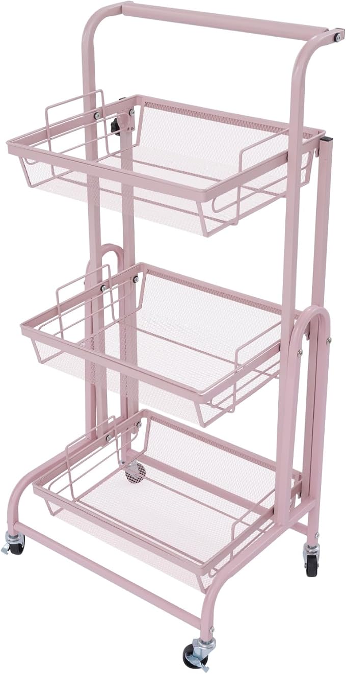 3 Tier Rolling Utility Cart with Wheels, Metal Rolling Foldable Storage Shelves, Adjustable Tilt Angle Storage Organizer for Living Rooms, Kitchens, Bathrooms (Pink)