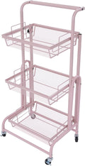 3 Tier Rolling Utility Cart with Wheels, Metal Rolling Foldable Storage Shelves, Adjustable Tilt Angle Storage Organizer for Living Rooms, Kitchens, Bathrooms (Pink)