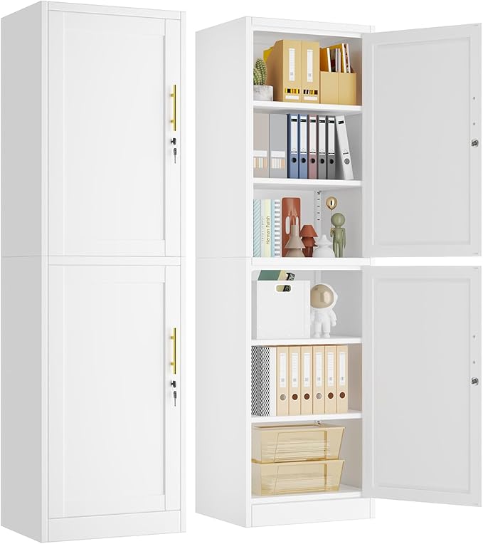 67" Metal Storage Cabinet with Lock, Tall Narrow Office File Cabinets with 2 Doors & 4 Adjustable Shelves, Metal Steel Locker for Home, School, Office, Garage or Gym (White)