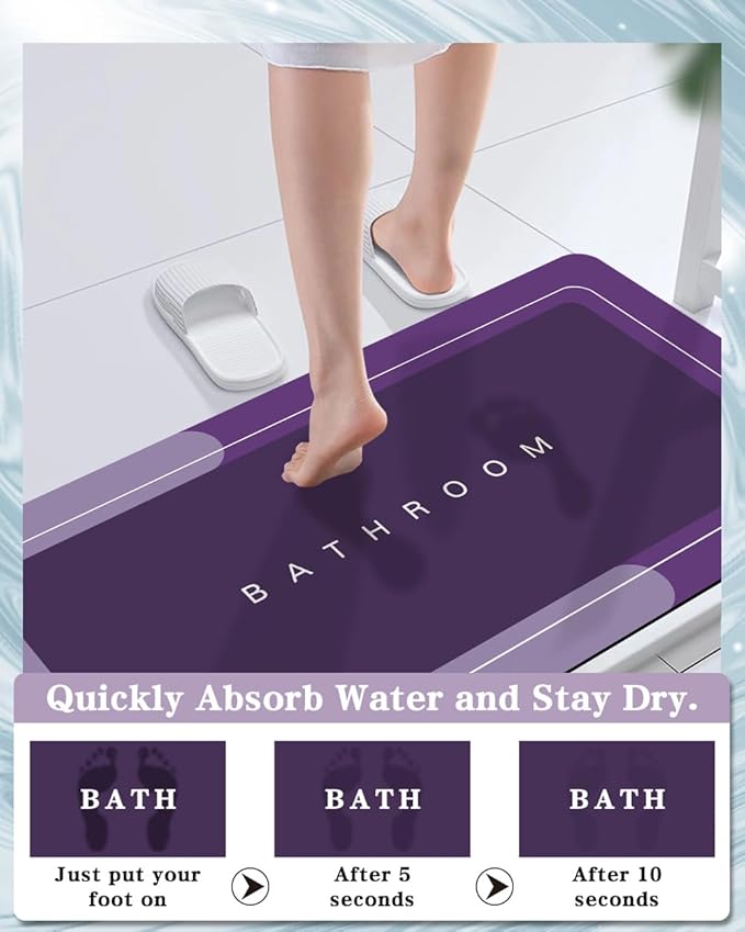 Bath Mat, Bathroom Mat Rugs Super Absorbent Shower Mats Non Slip Quick Dry Thin Rubber Mats for Bathroom Floor Fit Under Door, Shower Rug for Bathtub, Shower, Purple
