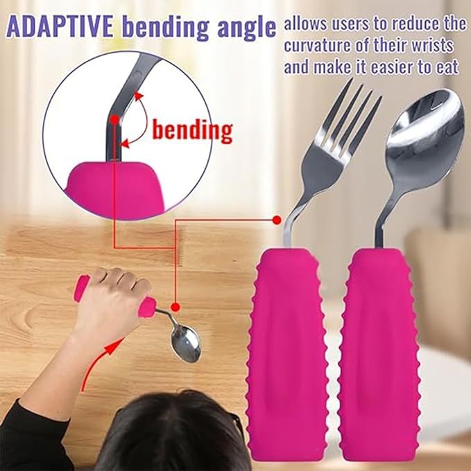 Adaptive Utensils,Weighted Angled Silverware,Parkinsons Aids,Curved Non-Slip Easy Grip Spoon and Fork Set for Tremors,Disabled,Handicap,Elderly,Arthritis (Left Hand,Pack of 2,Rose Pink)