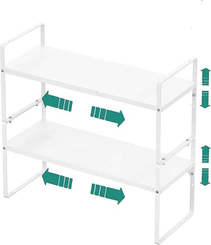 Expandable Cabinet Shelf Organizer Rack, Stackable Kitchen Counter Storage Shelves Stand, Adjustable Height Pantry Shelf Spice Rack, Heavy Duty Nonslip White Large 2Pack