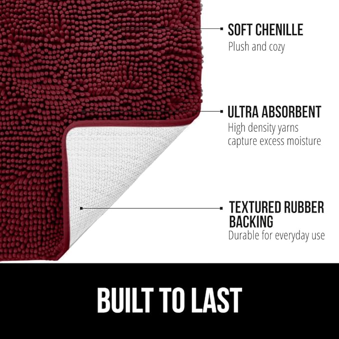 GORILLA GRIP Plush Absorbent Shaggy Chenille Bath Rug Mat for Square Toilet Base with Rubber Backing, Machine Washable Rugs, Soft Microfiber Contour Mats for Toilets, Bathroom Decor, Burgundy