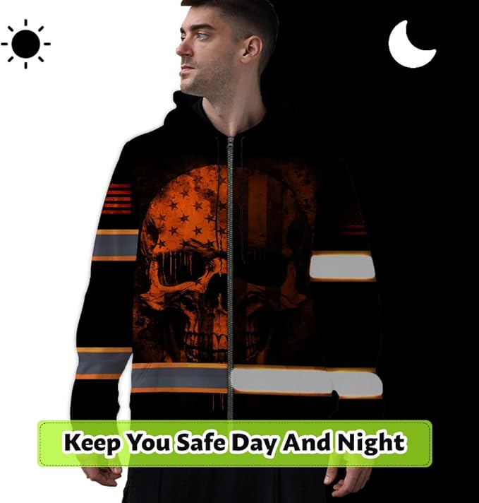 Maddly Hi Vis Reflective Zip Up Hoodie, High Visibility Safety Jacket with Skull Design for runner, worker, trucker, cyclist