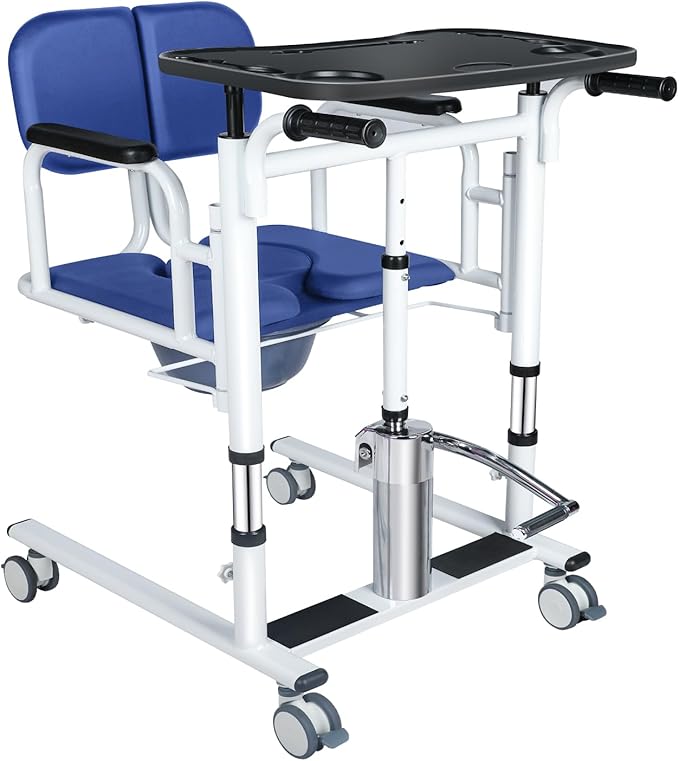 Drexo Patient Lift Transfer Chair, 5 in 1 Patient Lift Chair with 180°Split Seat, Height Adjustable Patient Transfer Chair with 4 Casters for Home Seniors Elderly, Load 450Lbs (Non-Fold, Blue)