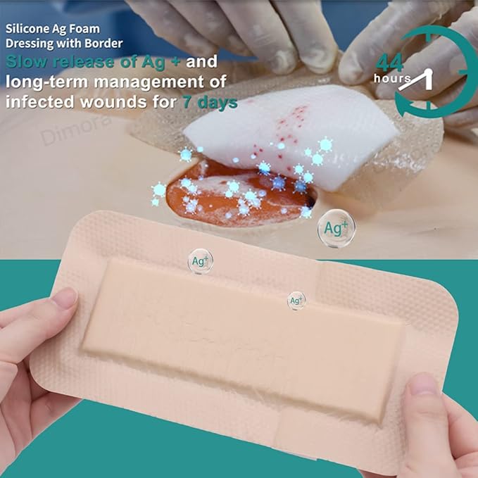 Dimora Silicone Foam Dressing Silver Ag 4"x 8" Adhesive Absorbent First Aid Bandage for Wound Care Pads 5 Packs