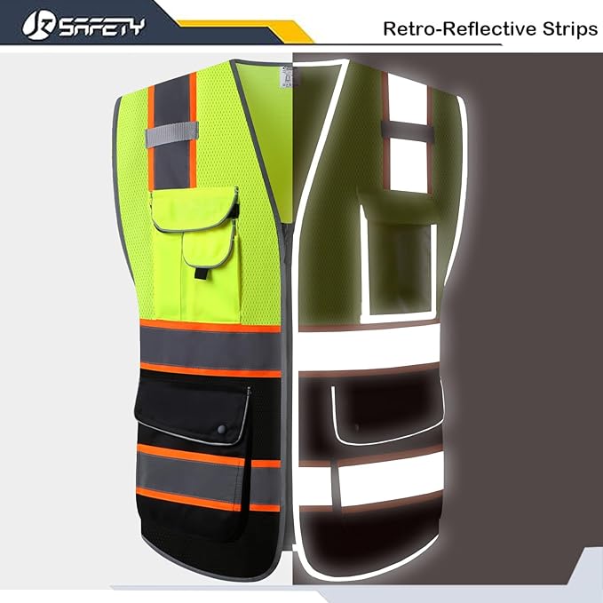 JKSafety 9 Pockets High Visibility Dual Color Zipper Front MESH Lite Safety Vest | Orange Color Triming Reflective Strip | ANSI/ISEA Standards (100-Yellow-Black, M)