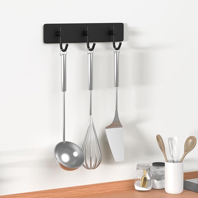 HUFEEOH No-Drill Adhesive Wall Rack with 3 Hooks, Stainless Steel Towel Hanger for Mounting, Key Hooks Hat Holder for Bathroom, Kitchen, Entryway, Bedroom (1 Pack) (Black)