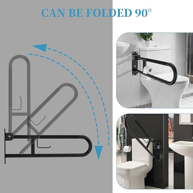 Toilet Grab Bar 30.3 Inch Black, Munzong Anti-Slip Handicap Grab Bars with Paper Holder, Flip-Up Bathroom Safety Rails, Stainless Steel Knurled Support handrails for Seniors Elderly Disabled Pregnant