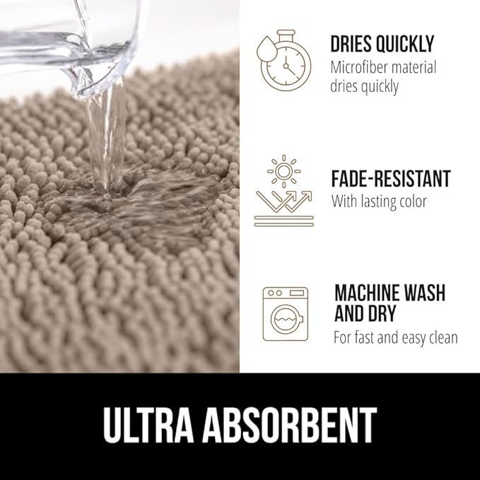 GORILLA GRIP Bath Rug Mat 36x24, Thick Absorbent Chenille, Quick Dry Microfiber Mats, Rubber Backing Washable Shower Floor Rugs, Bathmat Runner, US Designed Bathroom Home Decor Accessories Gray Beige