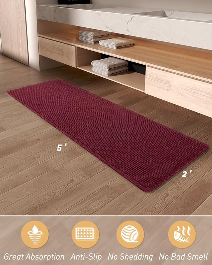 Upgraded Christmas Waffle Runner Rug Super Absorbent Non Slip Bath Mats for Bathroom Washable Bathroom Runner Rug with Tassels, Ideal for Hallway Bedroom Laundry Room, 2'x 5'(24" x 60"), Burgundy