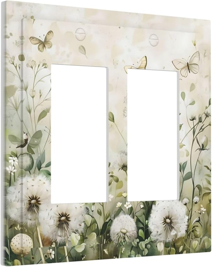 Dandelions Butterflies Watercolor Wildflowers Floral Decorative Outlet Covers 2 Gang Double GFCI Rocker Electrical Wall Panels Light Switch Cover Plate for Bedroom Living Room Decor