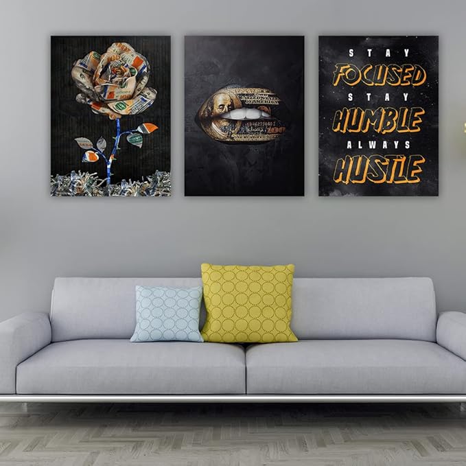 Motivational Canvas Painting Wall Art Flower Landscape Hustle Grind Inspirational Wall Art 3 Pieces Canvas Prints Framed Entrepreneur Poster Positive Quotes Wall Poster for Home Office Wall Decor