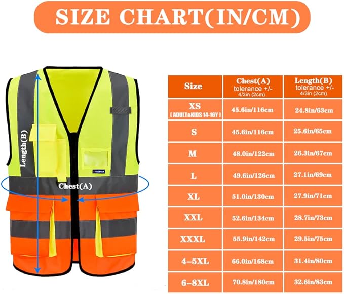 A-SAFETY Industrial Safety Vest, Hi Vis 9 Pockets High Visibility Zipper Front Reflective Safety Vest, Orange&Yellow Color Mixed, XL