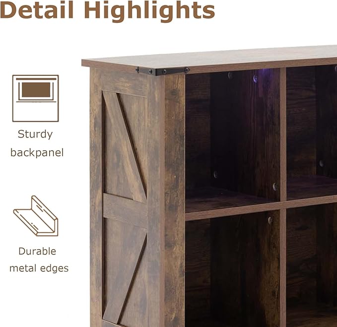 9 Cube Bookcase, Wooden Cube Storage Organizer Shelf, Grey Horizontal Book Shelf with LED Lights, Freestanding Display Cabinet for Living Room, Hallway TV Stand for Entryway
