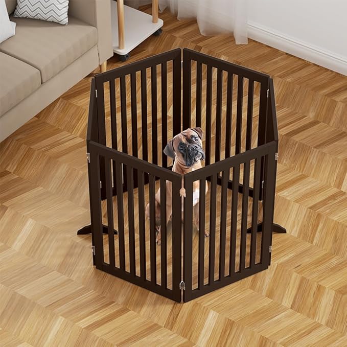 unipaws 120" Extra Wide Pet Gate, Free Standing Dog Gate for Doorways, Stairs, Foldable Gate & Room Divider, Wooden Puppy Playpen, Expandable Barrier for The House, Indoor Use (36" H, Espresso)