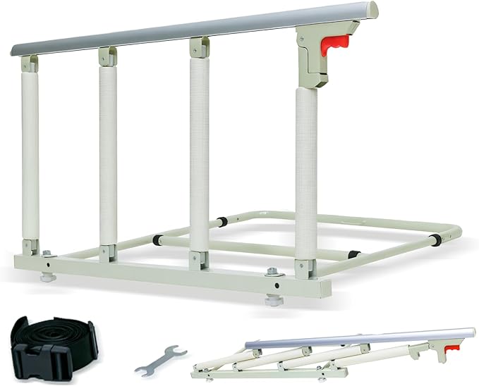 30″ Folding Bed Rail–Safety Bed Rails for Elderly Adults (Twin–King,Tool-Free) Supports300lbs|Non-SlipStrap&FoamBase|180°Fold-DownDesign|Height17–21″Adjustable|PaddedGrip&OrganizerPouch