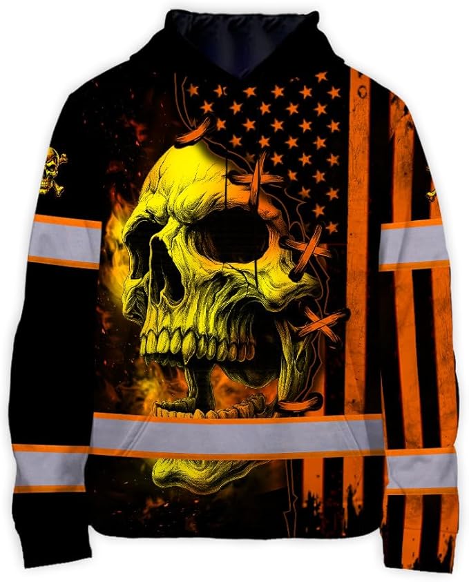 Matedecor Skull US Flag Reflective High Visibility Hoodie For Men Construction Hi Vis Safety Workwear Custom Name