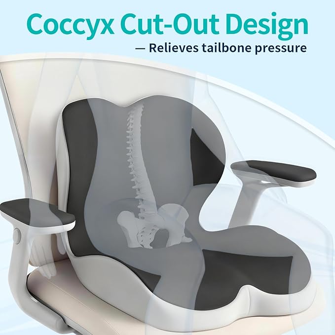 Seat Cushion for Office Chair and Car, Back & Tailbone Pain Relief, Raised Cushion for Back and Butt, Improves Sitting Posture, Ergonomic Memory Foam Lumbar Cushion, Double-Sided Anti-Slip