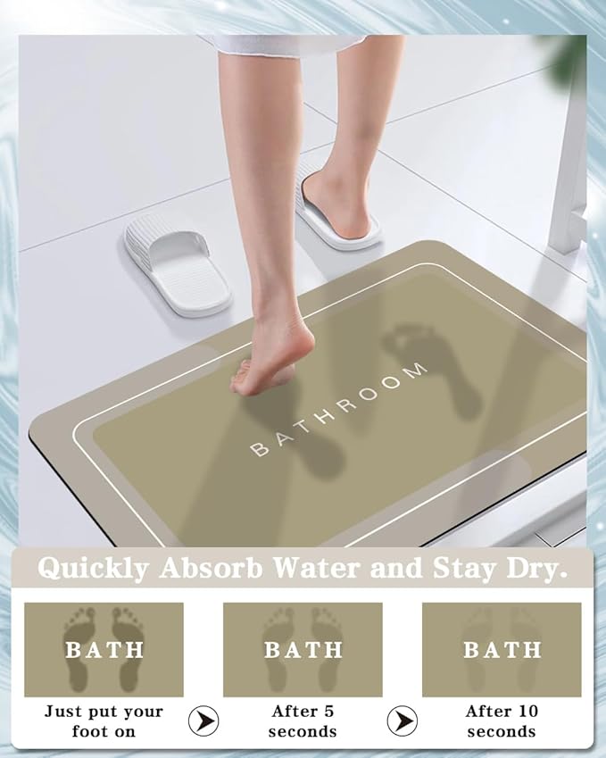 Bath Mat, Bathroom Mat Rugs Super Absorbent Shower Mats Non Slip Quick Dry Thin Rubber Mats for Bathroom Floor Fit Under Door, Shower Rug for Bathtub, Shower, Beige