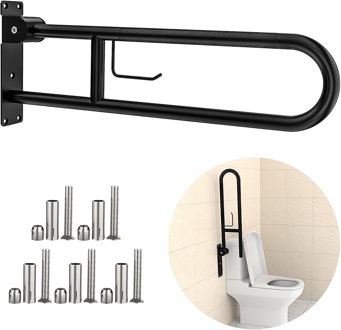 Toilet Grab Bar 30.3 Inch, YuanDe Flip Up Grab Bar with Paper Holder,Matte Black Anti-Slip Safety Bars for Toilet, Stainless Steel Knurled Toilet Handles for Seniors Disabled Elderly Pregnant