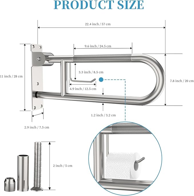 Toilet Grab Bar 22.4 Inch, Munzong Anti-Slip Handicap Grab Bars with Paper Holder, Flip-Up Bathroom Toilet Safety Rails, Stainless Steel Knurled Support handrails for Seniors Elderly Disabled Pregnant