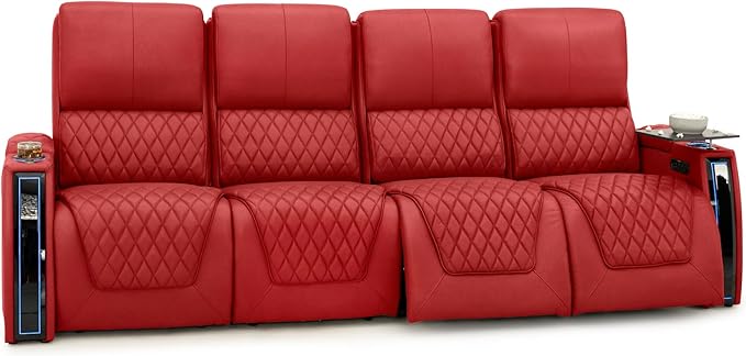 Seatcraft Apex Zero-Gravity CoolZero Italian Leather Home Theater Seating, Powered Headrest, Powered Lumbar, Powered Recline, Row of 4 Sofa, Red