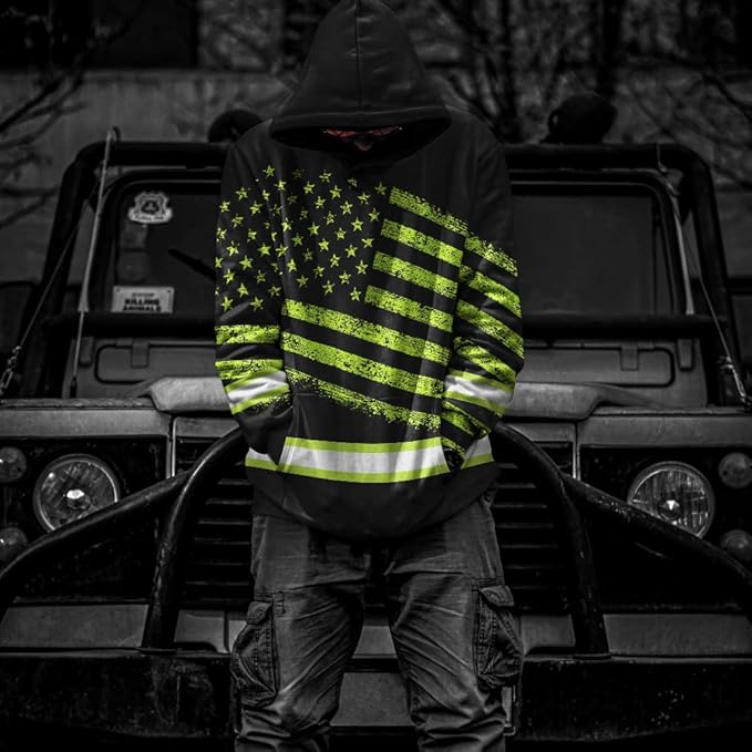 US Flag High Visibility Hoodie for Men Reflective Hoodie Safety Workwear for Worker Runner Patriotic ACC02