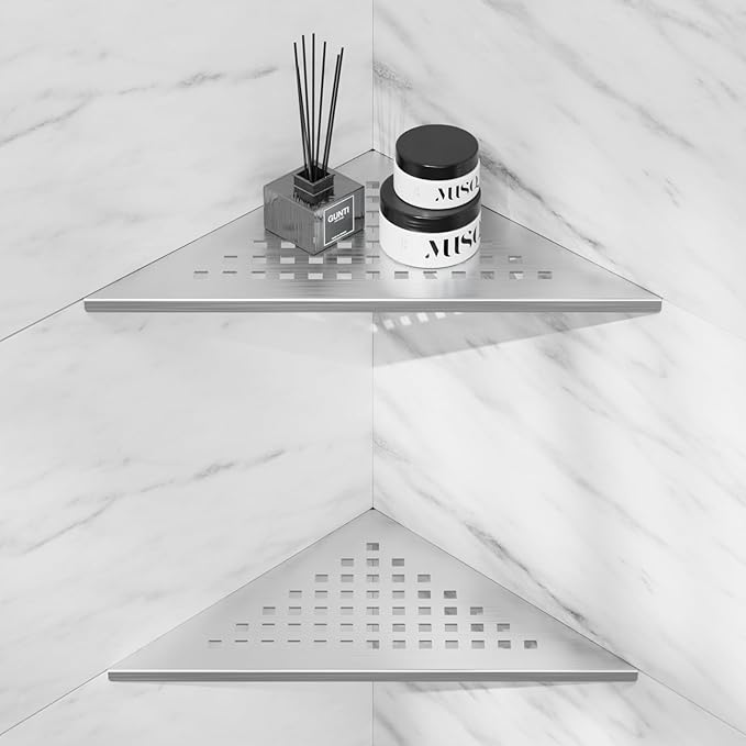 lives Corner Shower Shelf 10" Slot Design Bathroom Shelves for Tiled Wall, 304 Stainless Steel Recessed Organizer Corner Shelves for Inside Shower Decor, 2 Pack, Silver (Square)