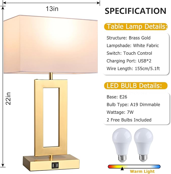 22’’ Set of 2 Touch Control Table Lamps w. 2 USB Ports, 3-Way Dimmable Bedroom Bedside Nightstand Touch Lamps, Modern Gold&White Lamps for Living Room End Table, LED Bulbs Included