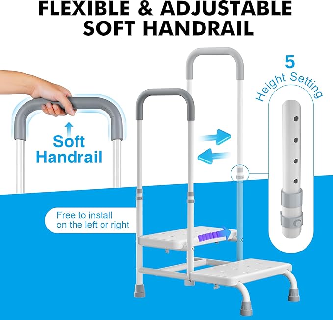 FORTEMOTUS 2 Step Stool with Handle for Elderly - Heavy Duty Bed Steps for High Beds for Adults with Adjustable Handrail &Non-Skid Platform, Foot Stool Ladder for Bedside, Kitchen, Car, RV, Bathtub