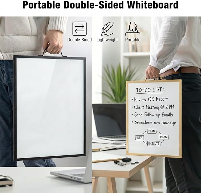 Small Magnetic Dry Erase Whiteboard 12x16 with Handle – Double-Sided Portable Board with Black Aluminum Frame – Includes Markers, Eraser & Magnets for Home and Office