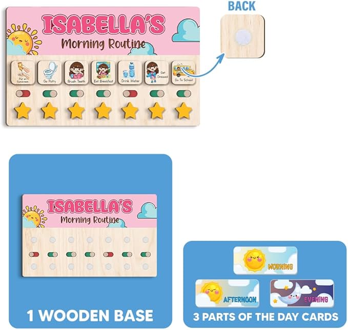 Personalized Wooden Chore Chart for Kids, Daily Routine Chart for Toddlers, Visual Schedule for Kids Age 3-5, Morning Bedtime Routine for Girls (01)