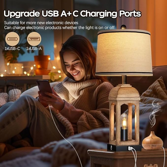 26" Rustic Set of 2 Bedside Lamps, Nightstand Lamp with 3-Way Dimmable Touch Control, Farmhouse Lamps with USB A+C and Nightlight for Living Room Bedroom