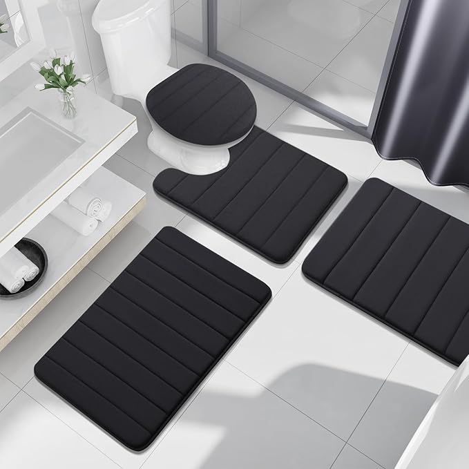 Buganda Memory Foam U-Shaped Contour Toilet Rugs, Non Slip Absorbent, Thick Soft Washable Bathroom Mat, Floor Carpet Bath Rugs Mat for Toilet Base (20" x 20", Black)