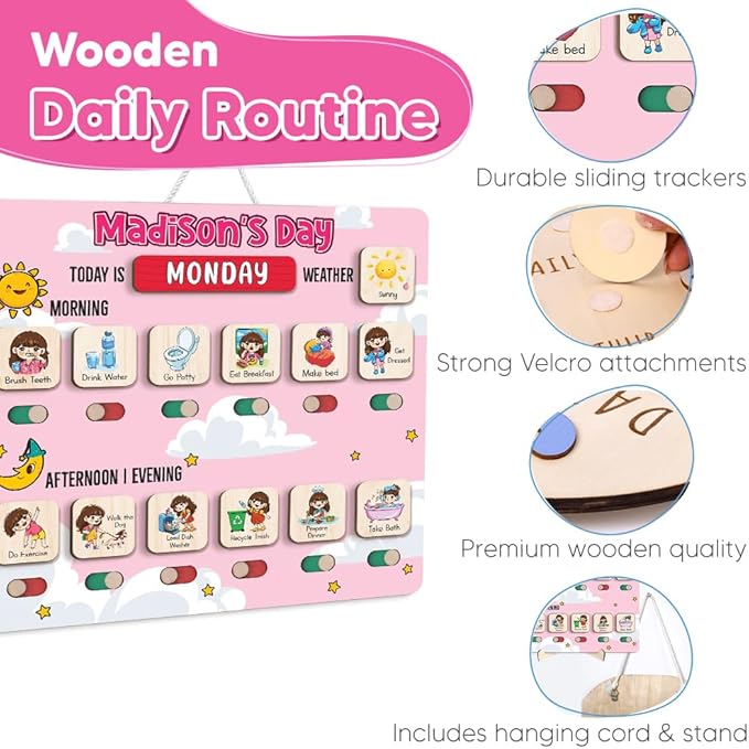 Personalized Wooden Chore Chart for Kids, Daily Routine Chart for Toddlers, Visual Schedule for Kids Age 3-5, Morning Bedtime Routine for Girls (03)