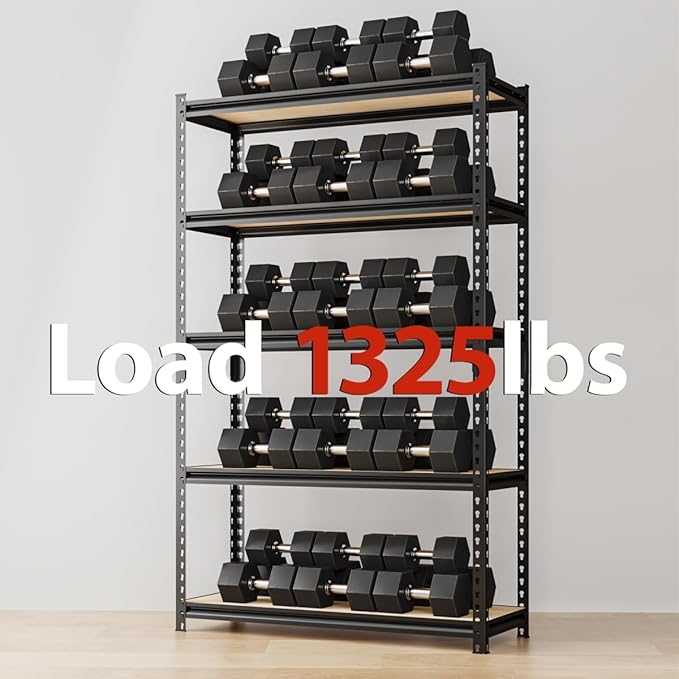 60" H x28 W x12 D: Father&I 5-Shelf-Storage-Rack Metal+Wood Garage/Kitchen Pantry Shelves Steel Utility Stand Shelving Unit Adjustable Heavy-Duty Shed Closet/Attic/Laundry Organizer, Black