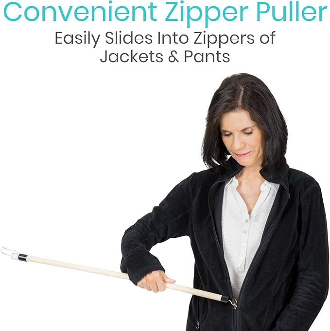 Vive Dressing Stick for Elderly (27”) - with Zipper Puller & Sock Remover Tool - Aid for Pants - Accessories for Daily Living, Assistant Device No Bending for Seniors - After Shoulder Surgery Helper