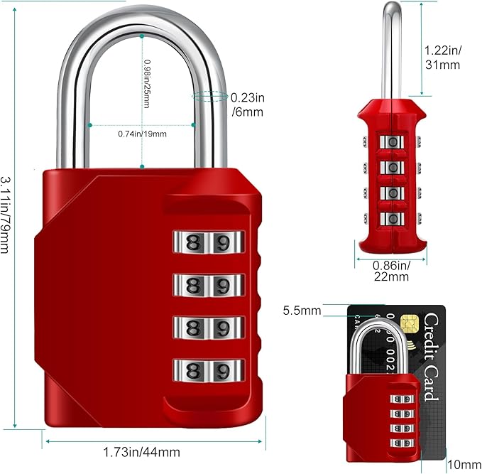 ZHEGE Combination Padlock 2 Pack, 4 Digit Lock for School Gym Locker, Outdoor Waterproof Combo Lock (Silver & Red)