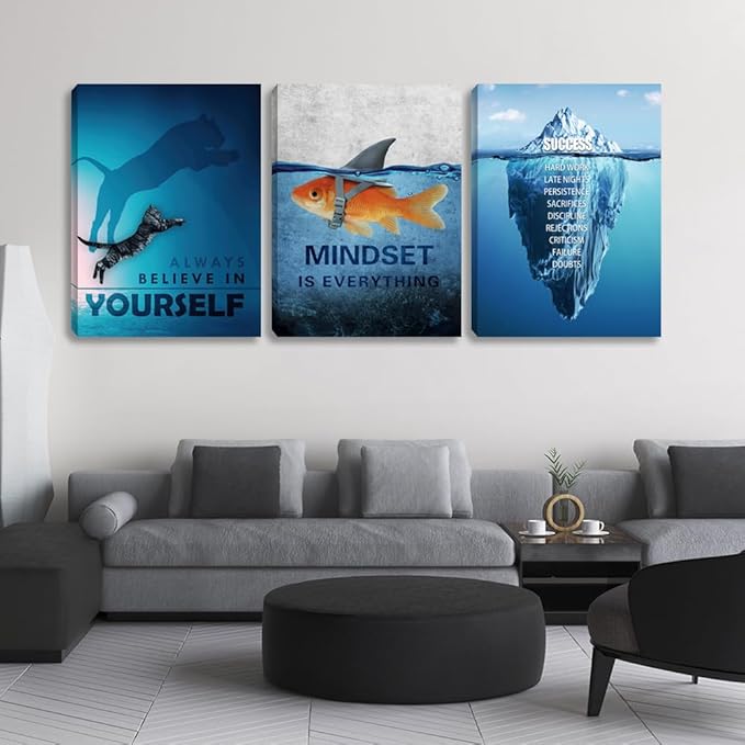 Unbruvo Motivational Wall Art for Office, 3 Pieces Cat Glacier Fish Canvas Print, Inspirational Quotes Wall Decor for Living Room, Bedroom, Dorm-(60''Wx 28''H)