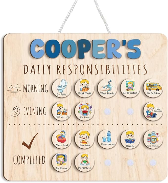 Wooden Chore Chart for Kids Visual Schedule, Routine Chart for Kids, Morning Bedtime Routine Chart for Toddlers Ages 2-4, Daily Kids Schedule Board for Home (16)