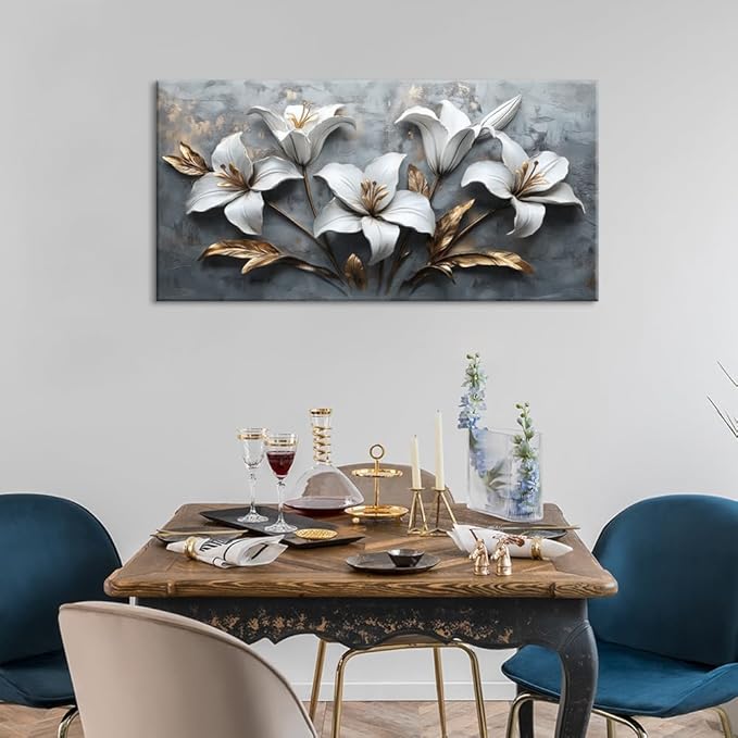 White Flowers Wall Art for Bedroom Canvas Painting Prints Beautiful Floral Gold Leaves Gray Modern Artwork Office Girls Decor