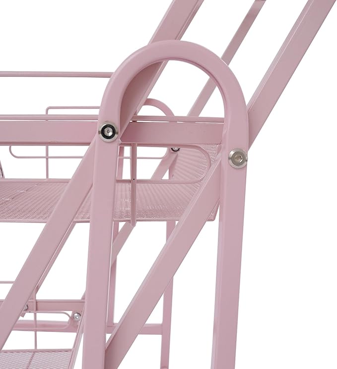 3 Tier Rolling Utility Cart with Wheels, Metal Rolling Foldable Storage Shelves, Adjustable Tilt Angle Storage Organizer for Living Rooms, Kitchens, Bathrooms (Pink)