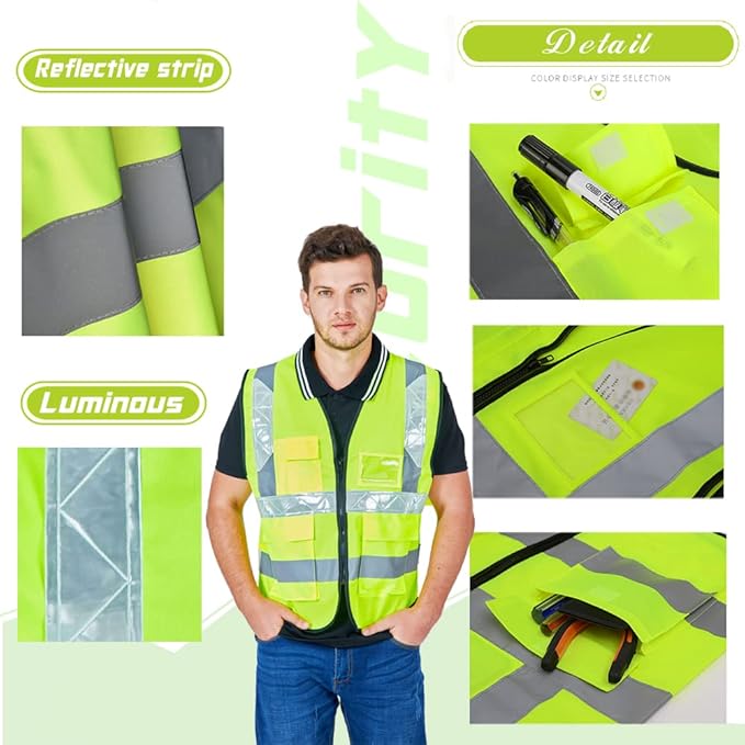 YOWESHOP High Visibility Safety Vest Custom Your Logo Protective Workwear 5 Pockets With Reflective Strips Outdoor Work Vest (4XL, Yellow Orange Luminous)