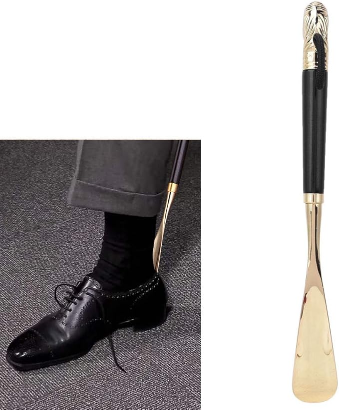 Shoe Horn, Long Handled Metal Lion Head Shoe Lifter with Non-Slip Handle, Beech Wood and Brass, 49cm for Men and Women
