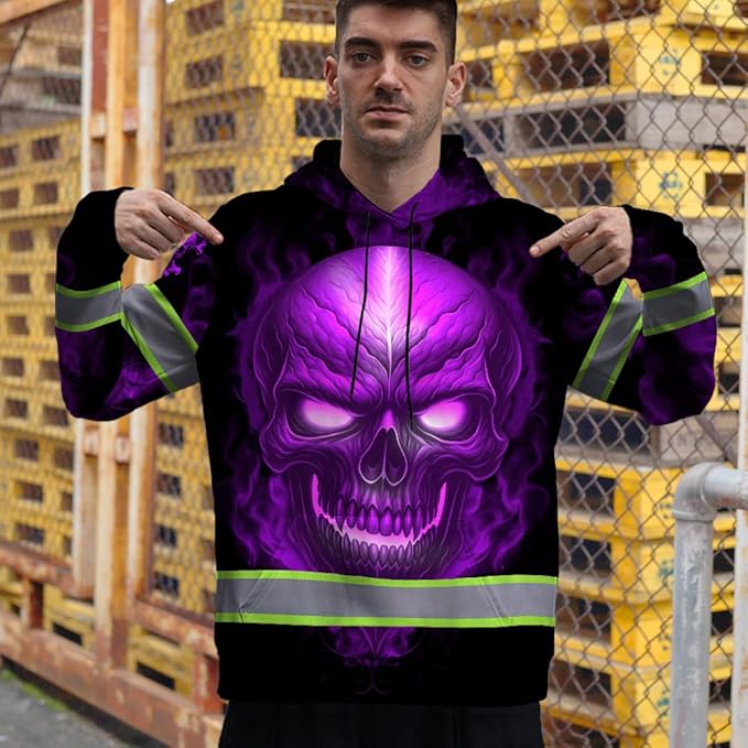 Matedecor Skull US Flag Reflective High Visibility Hoodie For Men Construction Hi Vis Safety Workwear Custom Name