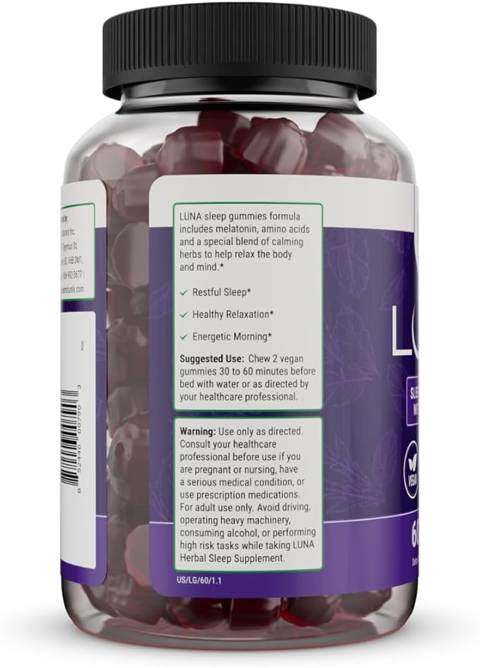 Nested Naturals Luna Sleep Gummies - Non-Habit Forming Melatonin Gummies 3mg with L-Theanine, Valerian Root, GABA, and Lemon Balm - Sleep Gummy for Adults - Mixed Berry, 60 Vegan Gummies