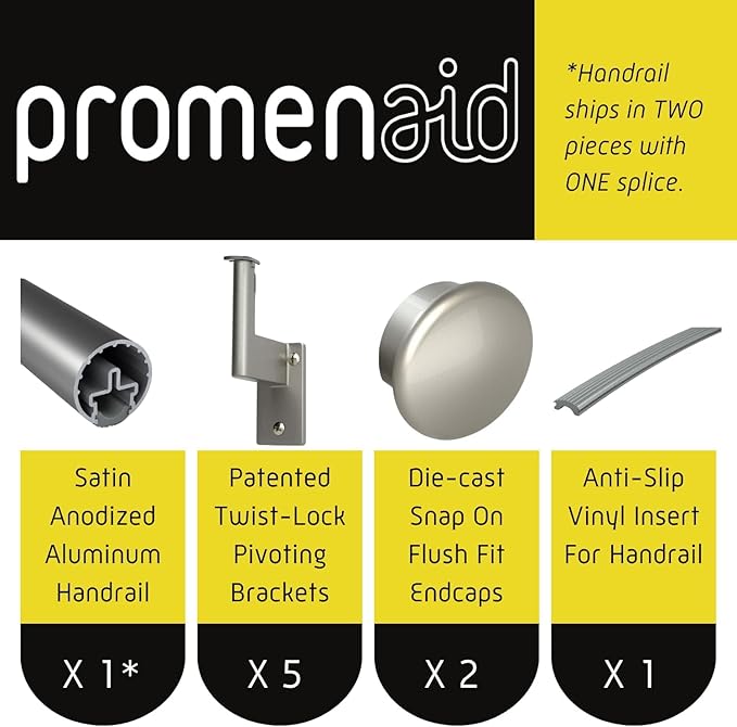 Promenaid 16ft Flush Handrail Kit - Champagne - Complete Indoor/Outdoor Handrail for Stairs - 1.6" Round Anodized Aluminum Railing with 5 Nickel Plated Pivoting Wall Brackets & Flush Endcaps